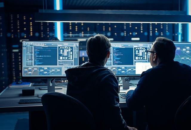 Two Professional IT Programers Discussing Blockchain Data Network Architecture Design and Development Shown on Desktop Computer Display