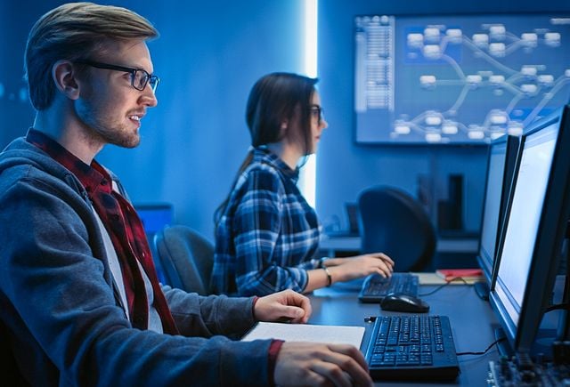 Male and Female Programmers Talking about Work, Solving Problems Together, Using Computers